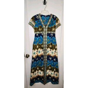 Vintage Miss Magnin Hawaiian Batik 60s MCM Gown Maxi Barkcloth Size Small